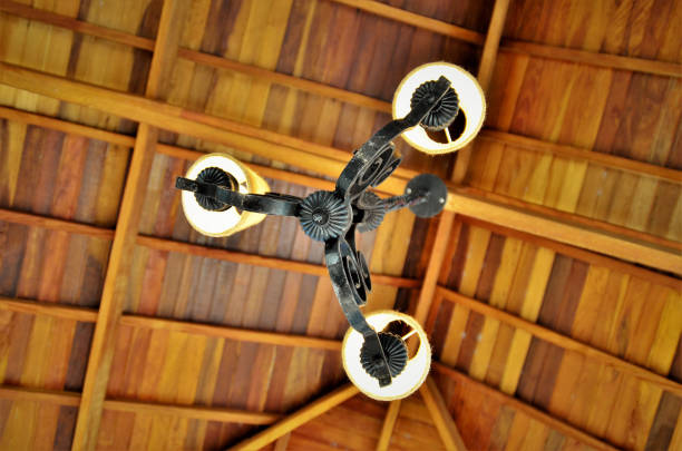 Rustic chandelier on wooden cottage ceiling