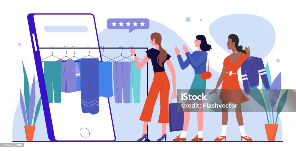 Woman Shopping Online Flat Vector Illustration Cartoon Happy Female  Customer Characters Holding New Clothes Choosing Dresses Using Online  Clothing Shop Mobile App Stock Illustration - Download Image Now - iStock