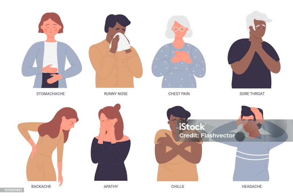 Sick People Bad Health Vector Illustration Cartoon Flat Set Of Unhealthy  Characters With Flu Sickness Symptoms Pain In Back Stomach Chest Isolated  On White Stock Illustration - Download Image Now - iStock