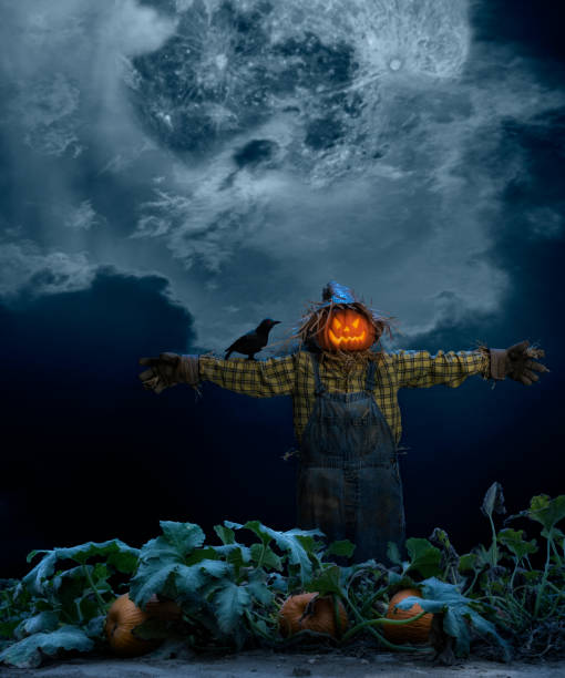 istock A Scarecrow with Jack O’ Lantern head in pumpkin patch with a full moon on Halloween 1272021940