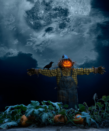 A scarecrow wearing denim overalls stuffed with straw, a glowing Jack O’ Lantern as a head, standing in a pumpkin patch at night with the full moon showing through the clouds. There is also a crow with red eyes on the scarecrow’s arm.