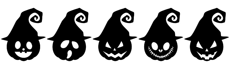 set of silhouette Halloween pumpkin with witches hat isolated on white background vector