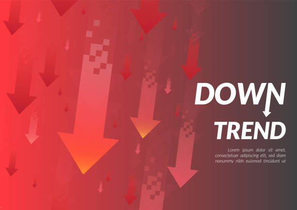 Downtrend abstract background. A group of digital red arrows points down in the air shows about feeling that fall down, lower, losing, downward, and more negative meaning. downwards stock illustrations