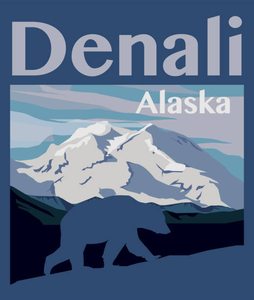 Denali peak at Denali National Park in Alaska Denali peak at Denali National Park in Alaska. Vector illustration bay of water illustrations stock illustrations