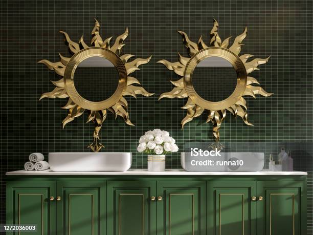 Modern Classical Style Bathroom With Green And Gold 3d Render Stock Photo - Download Image Now