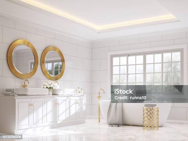 Classical Style Bathroom With White And Gold 3d Render Stock Photo - Download Image Now