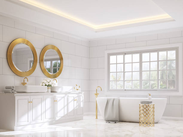 古典風格的浴室與白色和金色的3d渲染。 - 奢侈 圖片 個照片及圖片檔