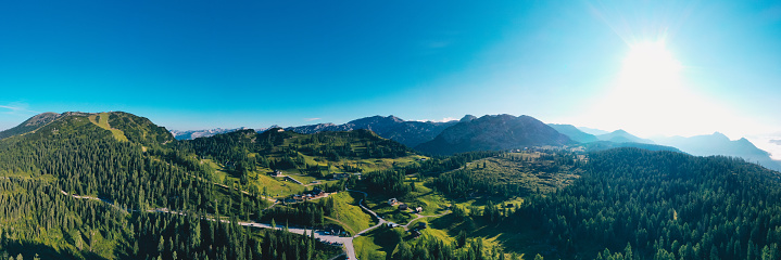 Tauplitz Alm in Styria during summer. Panoramic picture of a beautiful scenery in the Austrian Alps.