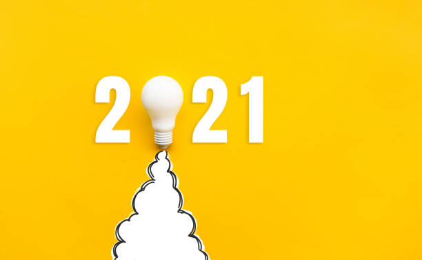 New year 2021 Ideas,inspiration concepts with rocket light bulb on yellow background