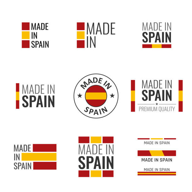 wykonane w hiszpanii etykiety zestaw, hiszpański emblemat produktu - spain stock illustrations