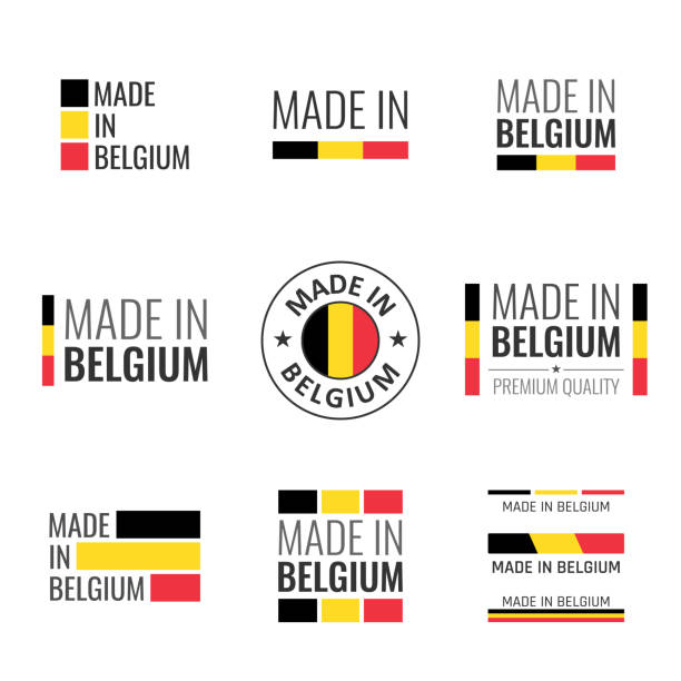сделано в бельгии этикетки набор, бельгийский герб продукта - belgium stock illustrations