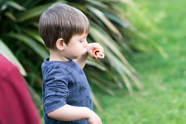 istock Young boy and grandpa blowing bubbles in back yard 1272046417