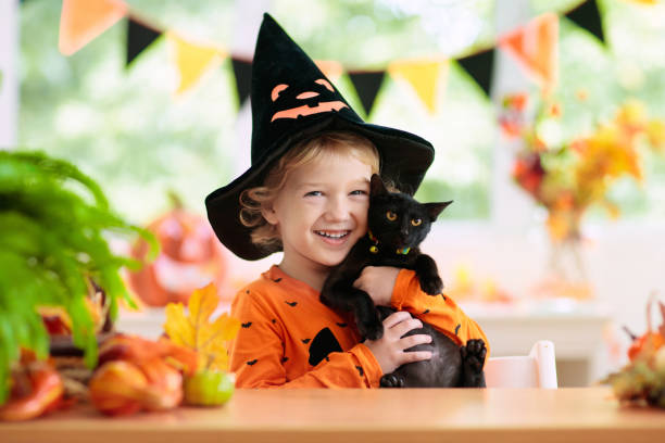 child in halloween costume. kids trick or treat. - halloween witchs hat witch autumn imagens e fotografias de stock