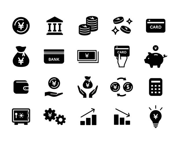 set von flachen icons für geld, banken und finanzen - piggy bank savings wealth coin bank stock-grafiken, -clipart, -cartoons und -symbole