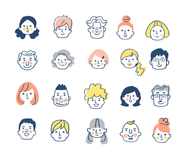 様々な人の顔セット - 日本人　笑顔点のイラスト素材／クリップアート素材／マンガ素材／アイコン素材