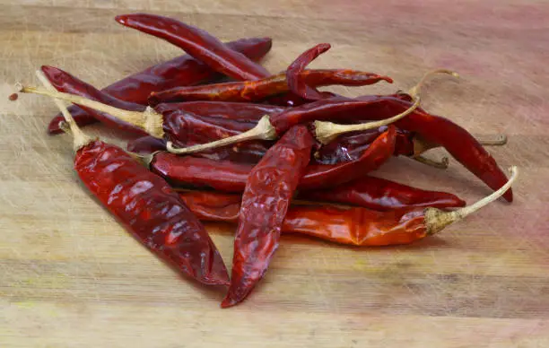 Closeup Pile of air-dried red chili peppers background. Hot and spicy dry red chillies.
