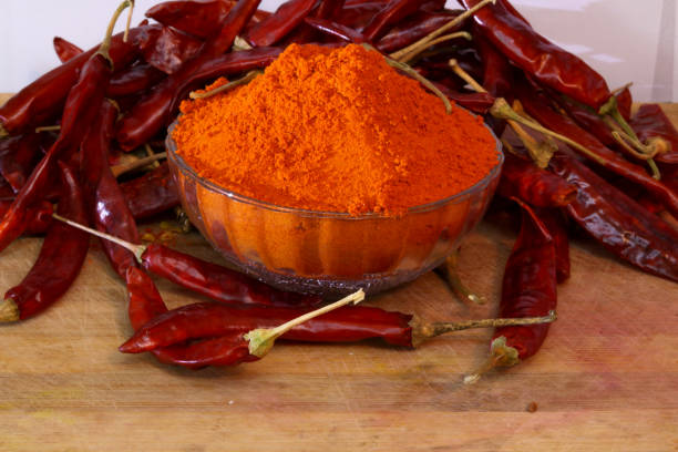 istock Red chillies with red chilly powder on white background. 1272052371