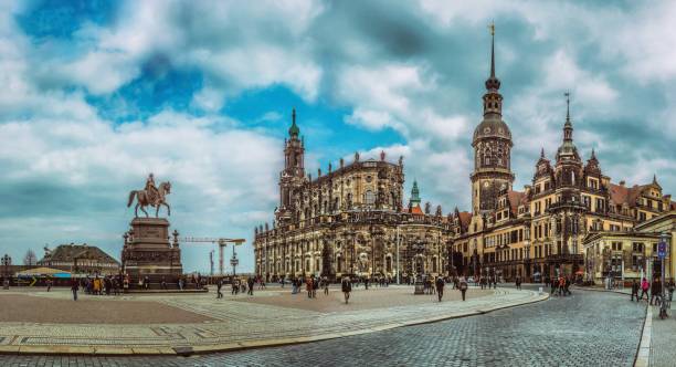 Panorama of Dresden square in  Germany, beautiful dramatic clouds.