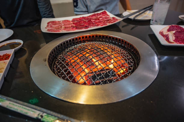 istock Grill buring Charcoal Stove with raw meat in Buffet restaurant. 1272054385