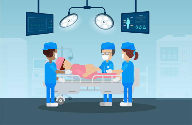 ilustrações de stock, clip art, desenhos animados e ícones de gynecologist and nurse in delivery room - cesarean