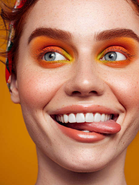 Natural tongue open mouth. Bright make-up