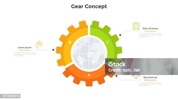 行星內齒輪分為3塊概念全球工業三大特徵 國際實業公司簡單的資訊圖設計範本現代平面向量圖向量圖形及更多三件物體圖片 - 三件物體, 信息圖形, 齒輪 - 機件