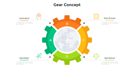 Planet inside gear wheel divided into 4 pieces. Concept of four features of global industry, international industrial company. Simple infographic design template. Modern flat vector illustration.