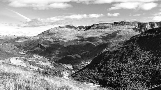 Scenic black and white norwegian mountains sunny day nature landscape. Picturesque valley view , travel Norway, scandinavian recreation viewpoint