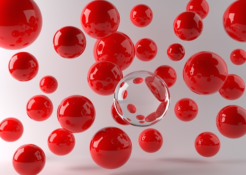 Glass Sphere with glossy red spheres flying 3d Render