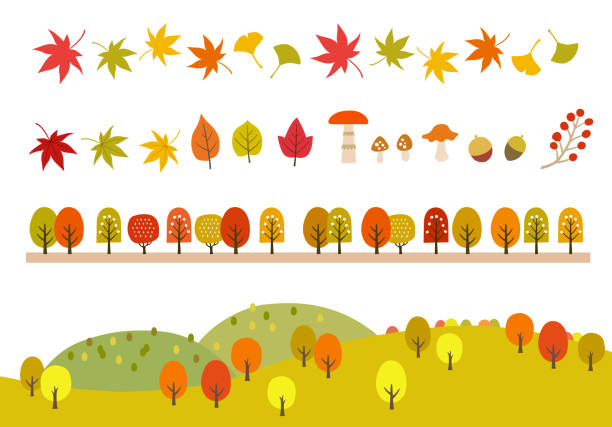 ilustraciones, imágenes clip art, dibujos animados e iconos de stock de icono de hojas de otoño y conjunto de ilustración de paisaje de montaña - autumn leaf white background land