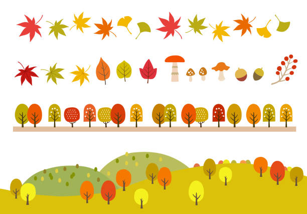 ilustrações de stock, clip art, desenhos animados e ícones de autumn leaves icon and mountain landscape illustration set - autumn leaf white background land