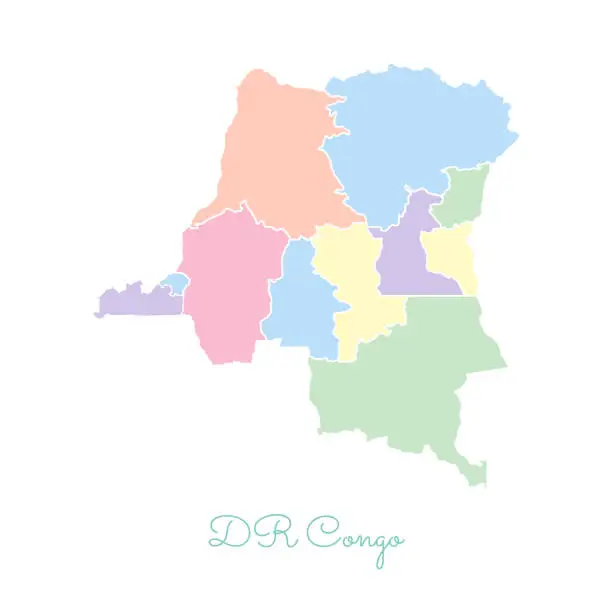 Vector illustration of DR Congo region map: colorful with white outline.