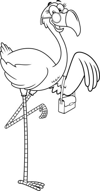 ilustrações de stock, clip art, desenhos animados e ícones de black and white flamingo bird girl cartoon character with sunglasses and handbag - 11992