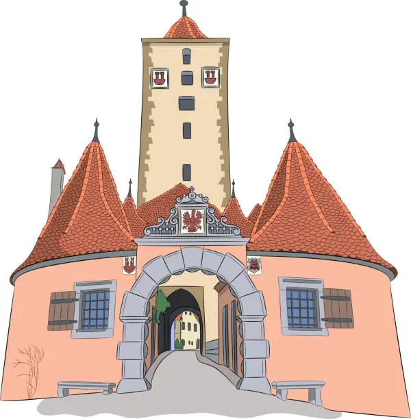 Vector illustration of Rothenburg ob der Tauber. Old city gate Burtorg.