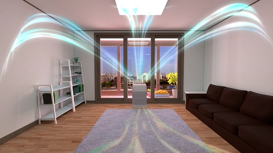 3D rendering of a white air cleaner making indoor air fresh all day in a closed room.
