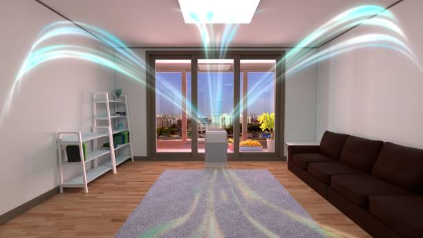 Photo of 3D rendering of a white air cleaner making indoor air fresh all day in a closed room.