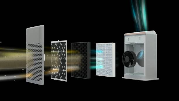 istock Air cleaner and its parts which are case, prefilter, dust collection filter, deodorizing filter, fan, motor, and main body, making indoor air fresh steadily by cleaning the air pollutant in a room. 1272074837
