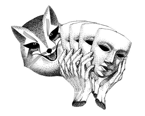 Trickster vector. Fox with masks in his hands. Fashionable tattoo. Liar, dodger, mischievous, hoaxer. archetype in mythology, folklore and religion. Trickster vector. Fox with masks in his hands. Fashionable black and white tattoo. Liar, dodger, mischievous, hoaxer. archetype in mythology, folklore and religion. pics of a dodgers stock illustrations