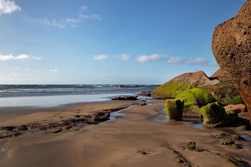 Playa de Jaquita, tranquil secret beach near El Medano resort, with limestone rocks covered in green moss, water pools, volcanic sand and calm waves, early morning, in Tenerife, Canary Islands, Spain.