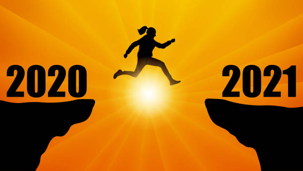 силуэт прыгающих женщин через пропасть между горами. переход с 2020 на 2021 год, новый год. иллюстрация вектора - celebration silhouette back lit sunrise stock illustrations
