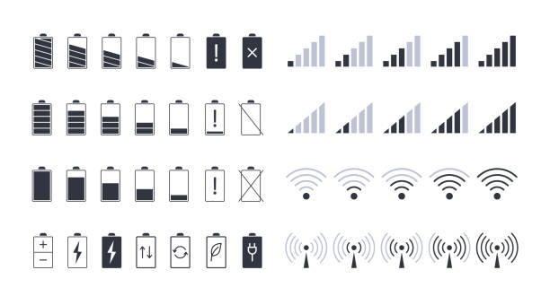 ikony sygnału baterii i wifi. edytowalne obrys. ikony wektorów ładowania smartfona i poziomu baterii. czarne elementy skali mocy urządzenia elektronicznego i mobilnego internetu - bluetooth stock illustrations