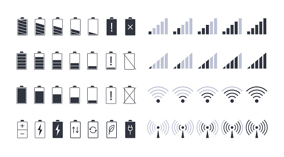 Battery and wifi signal icons. Editable stroke. Smartphone charge and battery coverage level vector icons. Black elements of the power scale of electronic device and mobile internet.