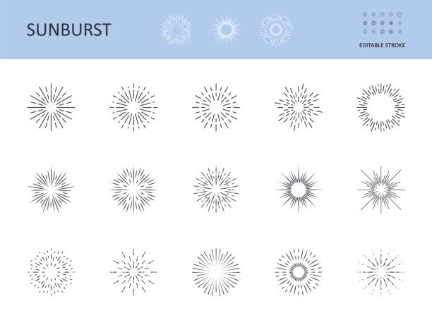선버스트 아이콘. 벡터는 광선으로 태양을 상징합니다. 편집 가능한 스트로크. 방사형 라인이 있는 원형 로고. 일출, 스타 버스트 추상적 인 디자인 요소. 수평선에 빛나는 선 - circular quay 이미지 stock illustrations