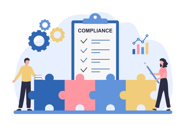 ilustrações de stock, clip art, desenhos animados e ícones de regulatory compliance concept. business people read laws, discuss changes, plan the implementation of rules and the development of the company. flat vector illustration isolated on white background - compliance