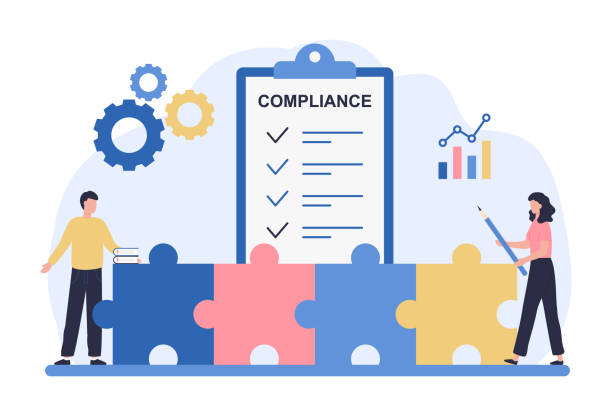 Regulatory compliance concept. Business people read laws, discuss changes, plan the implementation of rules and the development of the company. Flat vector illustration isolated on white background Regulatory compliance concept. Business people read laws, discuss changes, plan the implementation of rules and the development of the company. Flat vector illustration isolated on white background. compliance stock illustrations