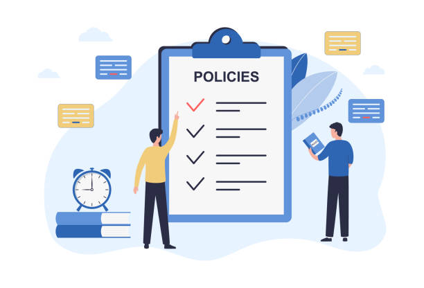 ilustrações de stock, clip art, desenhos animados e ícones de regulatory compliance concept. business people, leaders create and edit rules for making decisions and achieving the long-term goals of the organization. flat vector illustration on white background - compliance