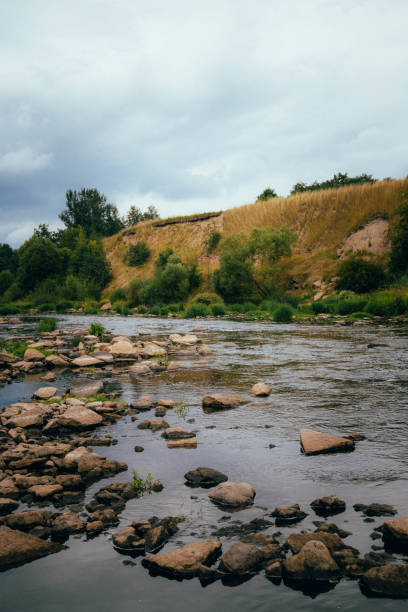 View of shallow river with rocks in summer