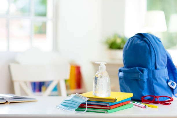 istock Backpack of school child. Face mask and sanitizer. 1272084727