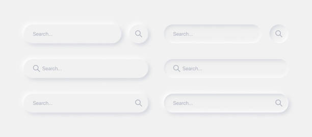 Neumorphic Search Bars Light UI Design Elements Set Vector Search Bars In Different Variants UI Neumorphism Light Version Vector Design Elements Set On White Background. UI Components In Simple Neumorphic Style For Apps, Websites, Interfaces, Social Media concave illustrations stock illustrations