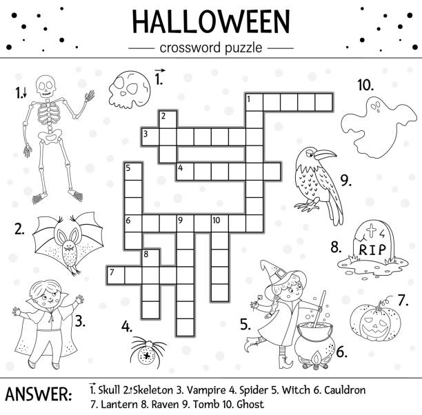Vector black and white Halloween crossword puzzle for kids. Simple quiz or coloring page with all saints day objects. Educational activity with traditional scary objects, such as witch, ghost, vampire Vector black and white Halloween crossword puzzle for kids. Simple quiz or coloring page with all saints day objects. Educational activity with traditional scary objects, such as witch, ghost, vampire crossword puzzle drawing stock illustrations